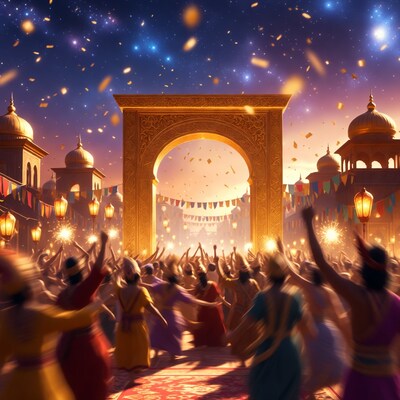 Crowd celebrating under golden archway