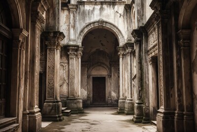 Abandoned Courtyard with Ornate Columns