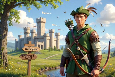 Robin Hood with bow at Sherwood sign