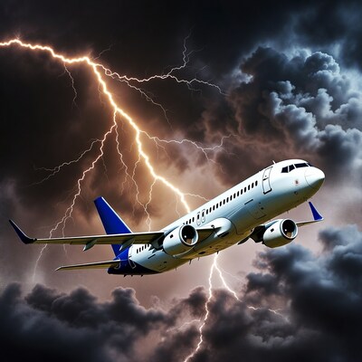 Airplane flying through thunderstorm lightning