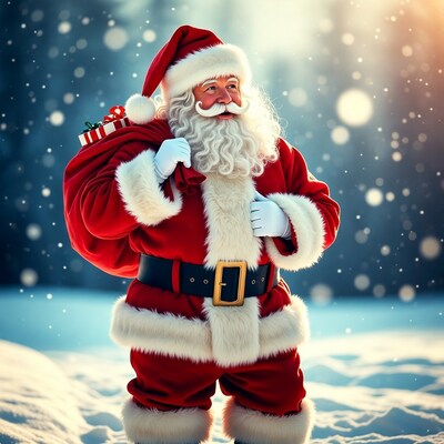 Smiling Santa Claus with sack of gifts
