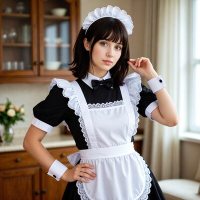 Asian woman in maid outfit kitchen