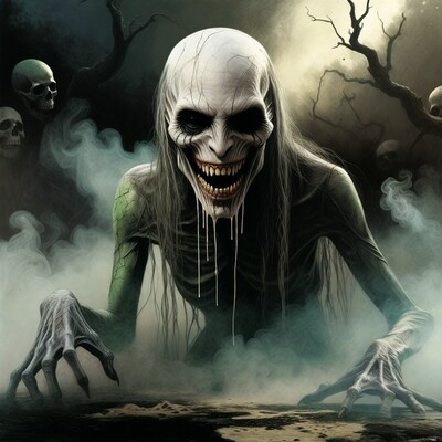 Grinning Skull-Faced Ghoul Woman in Foggy Forest