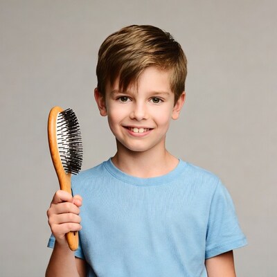 Boy holding wooden hairbrush