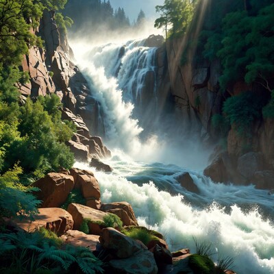 Majestic Waterfall in Forest Canyon