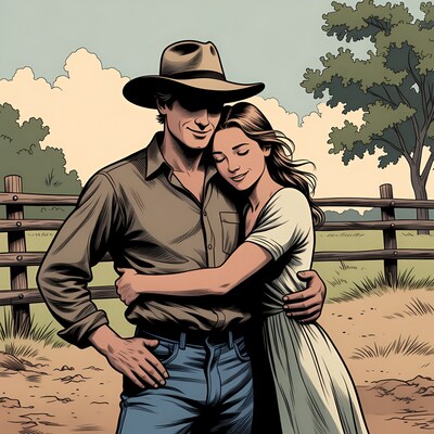 Cowboy embracing woman by fence