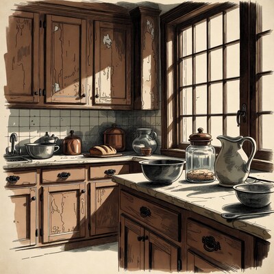 Vintage kitchen with sunlight and cookware