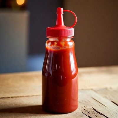 Red Ketchup Bottle on Wooden Table