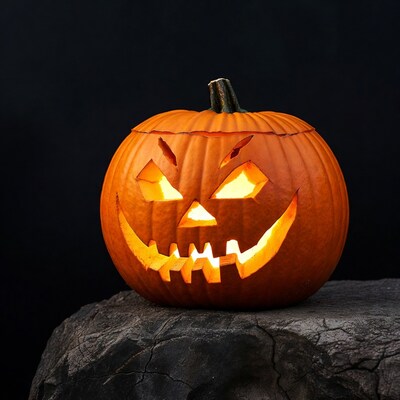 Lit Jack-o-Lantern on Rock