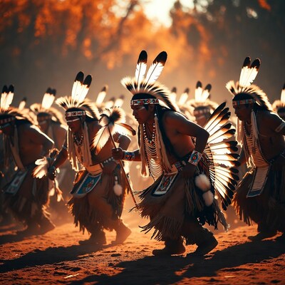 Native American men dancing in sunset