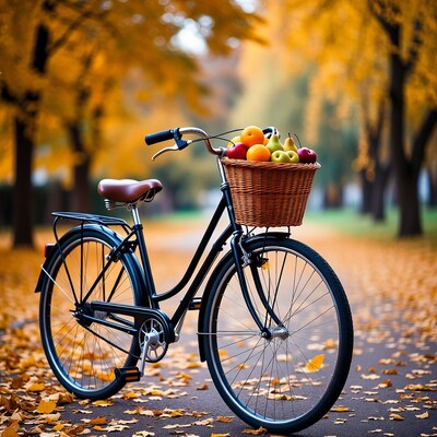 Black bicycle with fruit basket in autumn