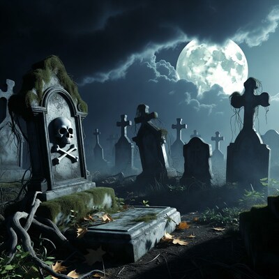 Spooky graveyard with skull tombstone