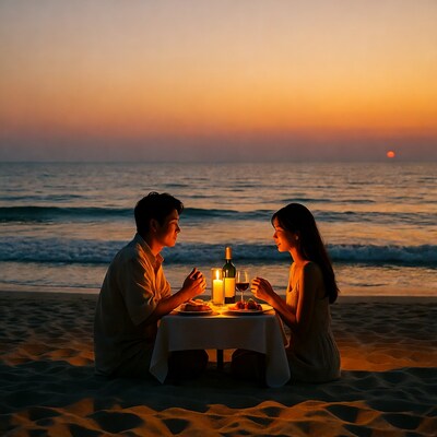 Asian couple dining on beach at sunset