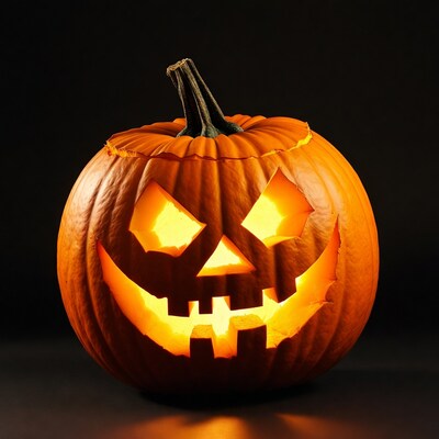Lit Jack-o-Lantern Pumpkin on Black Background