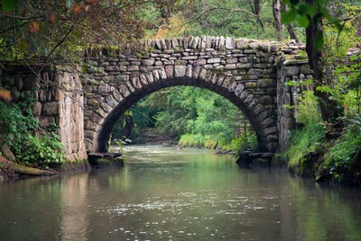 Stone Arch Bridge over Forest Stream