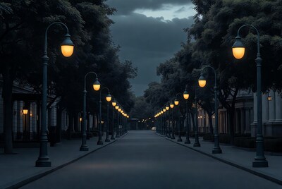 Street Lined with Glowing Lampposts at Night