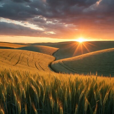 Sunset over rolling wheat fields