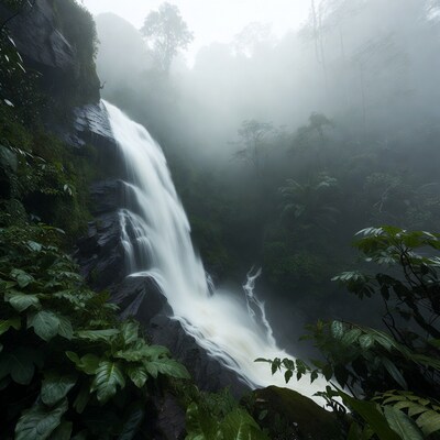 Misty Waterfall in Tropical Forest