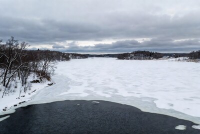 Frozen lake with snowy trees