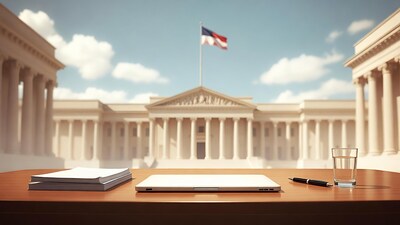 Desk with laptop overlooking capitol building