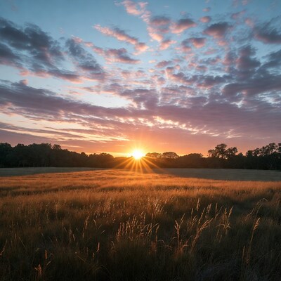 Sunset over golden grass field