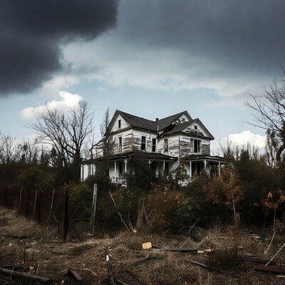 Abandoned White House in Stormy Landscape