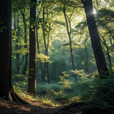 Sunlit Forest Path with Tall Trees