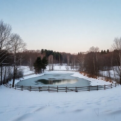 Frozen Pond with Wooden Fence in Snowy Woods