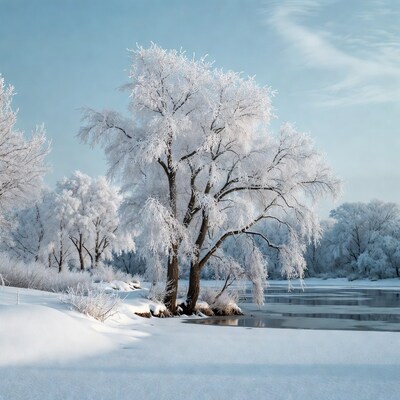 Frost-covered trees by frozen lake