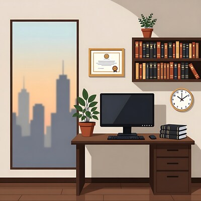Modern office with city skyline view