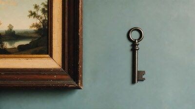 Vintage Key Beside Framed Landscape Painting