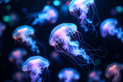 Glowing Blue Jellyfish in Dark Water