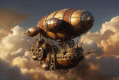 Steampunk Airship Floating in Clouds