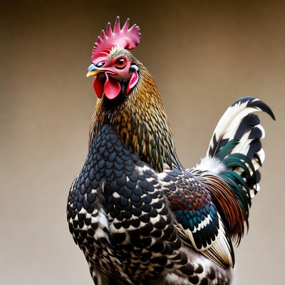 Colorful Rooster Standing on Brown Background