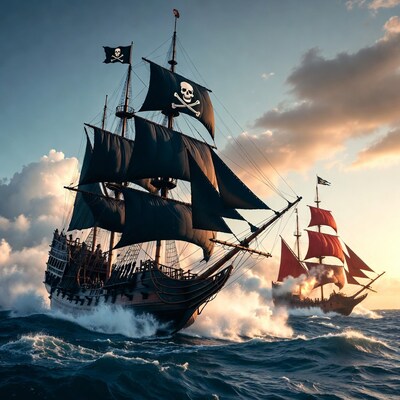 Pirate Ship Battling Red Vessel at Sunset