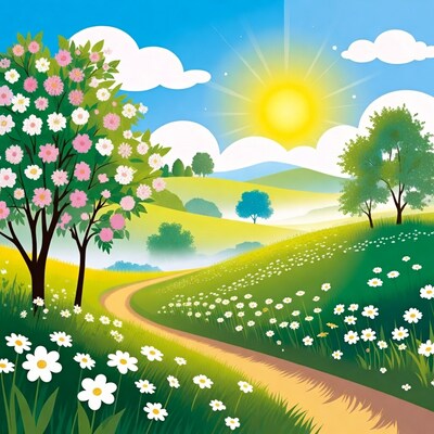 Sunny Spring Meadow with Winding Path