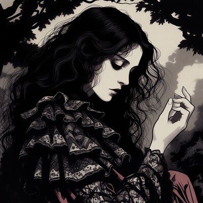 Gothic woman with black hair in forest