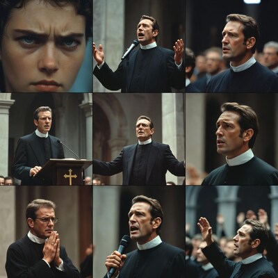 Priest preaching in church collage