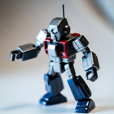 Gray robot toy posing dynamically