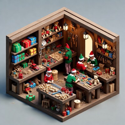 Elves crafting toys in workshop