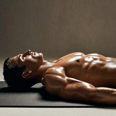 Muscular man lying on yoga mat