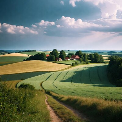Red Houses on Rolling Farmland Hills