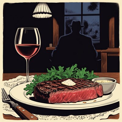Steak Dinner with Shadowy Man Silhouette