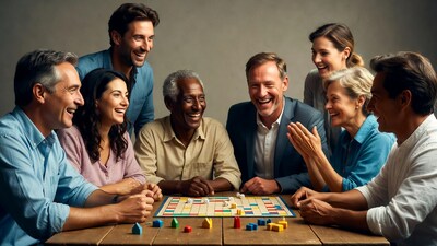 Diverse group playing Scrabble board game