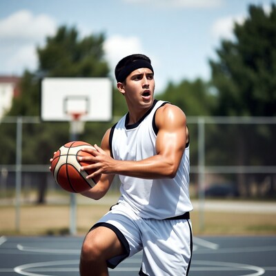 Young man dribbling basketball on court