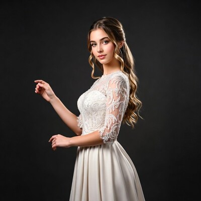 Woman in lace wedding dress side view