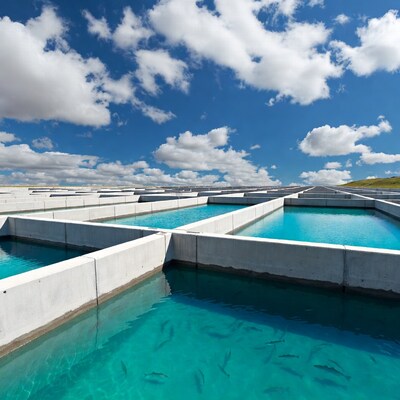 Fish in turquoise concrete raceways