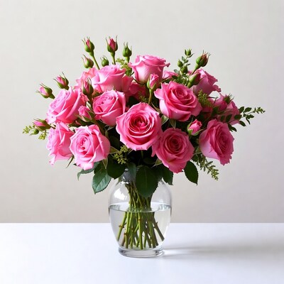 Pink Roses Bouquet in Glass Vase