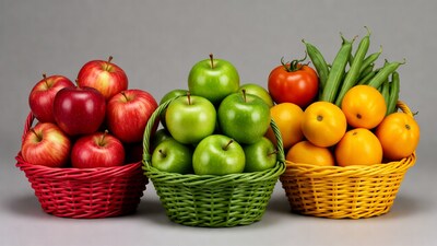 Red Green Apples Oranges in Baskets