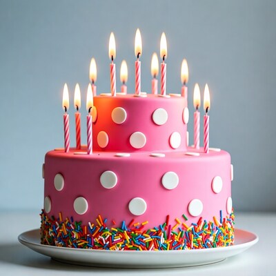 Pink polka dot birthday cake with candles